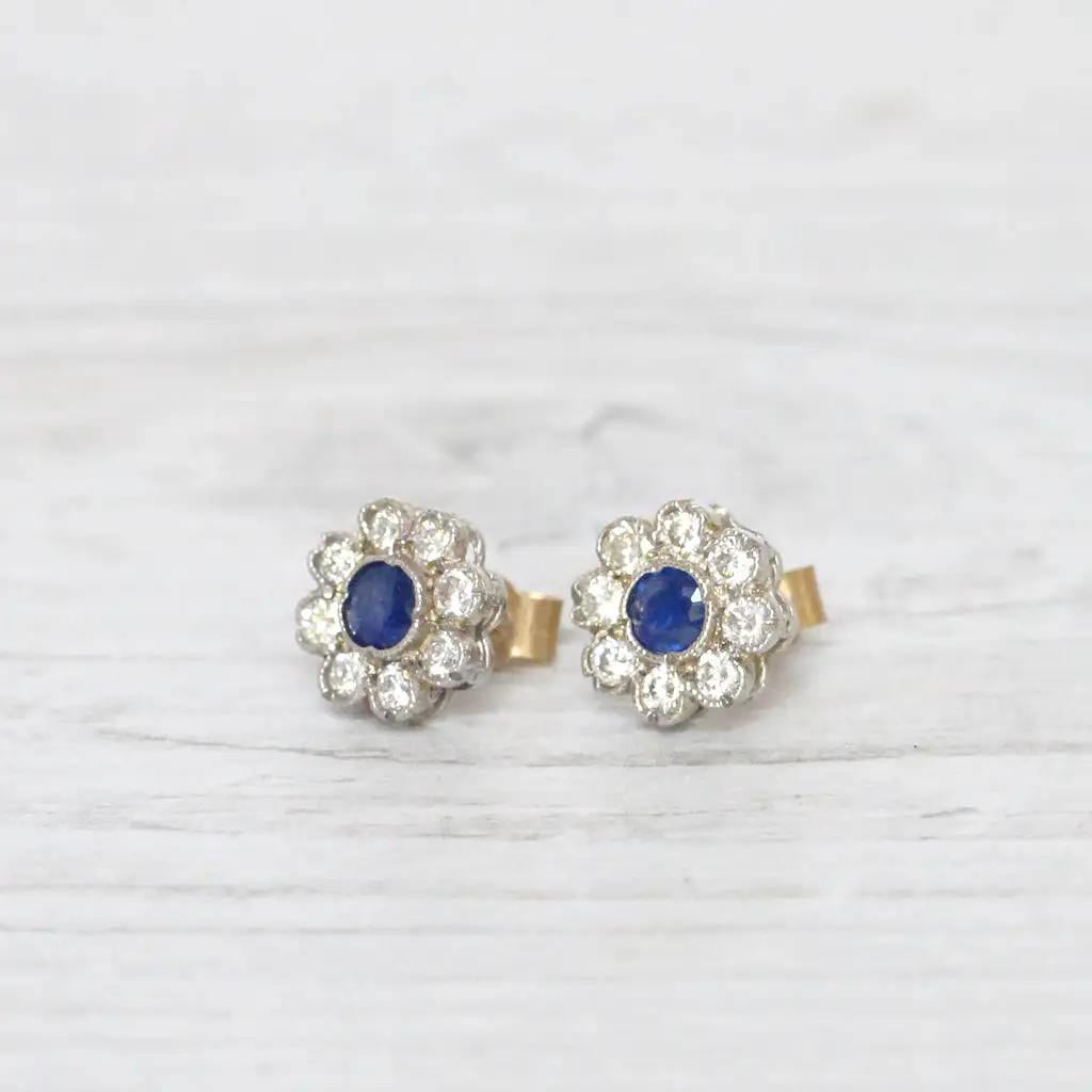 Vintage Sapphire and Diamond Cluster Studs