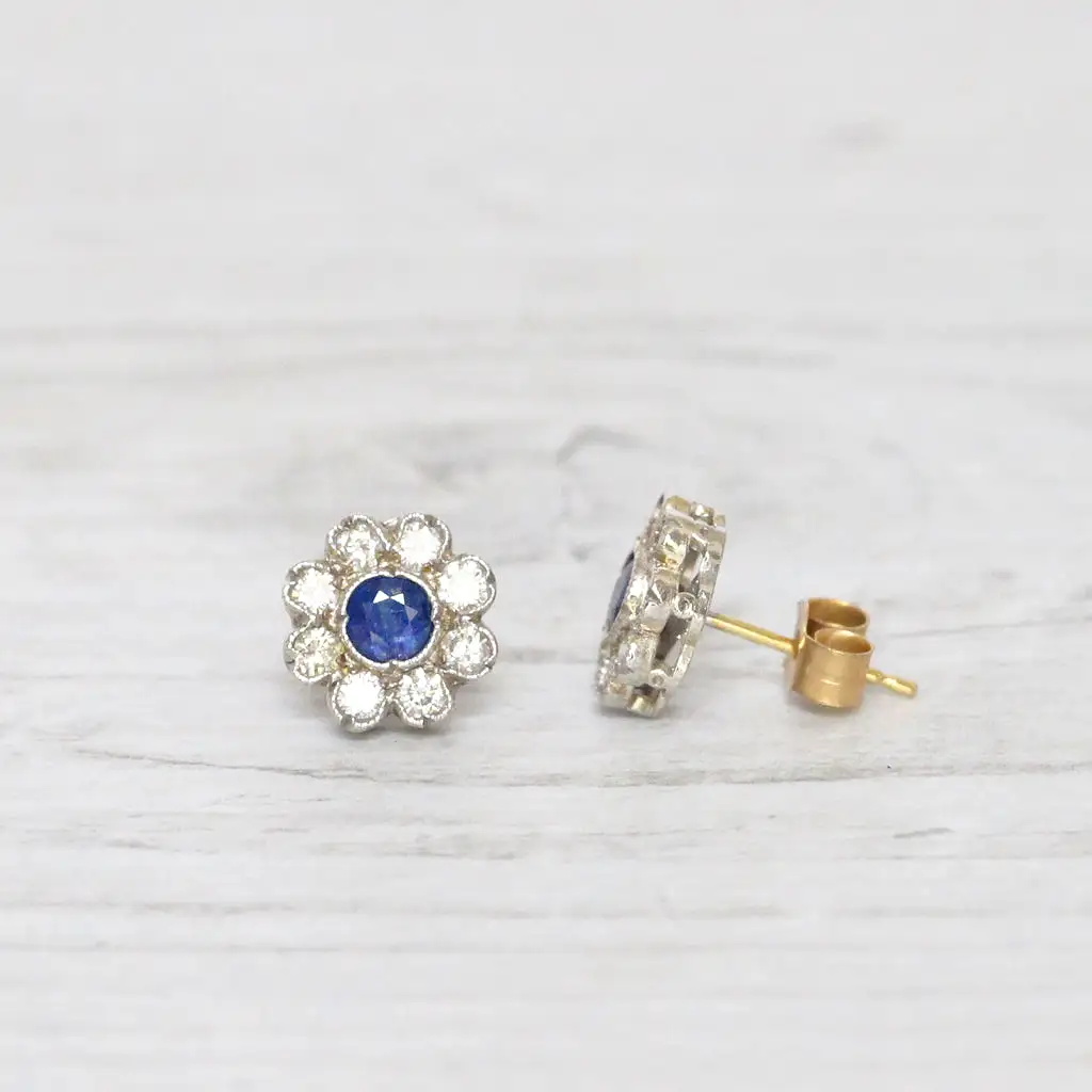 Vintage Sapphire and Diamond Cluster Studs