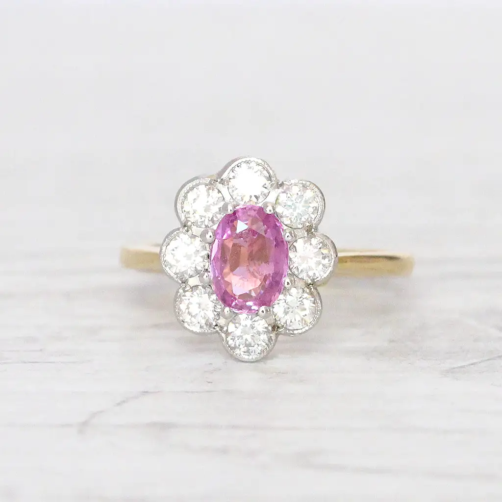 Vintage Style 1 Carat Pink Sapphire and Brilliant Cut Diamond Cluster