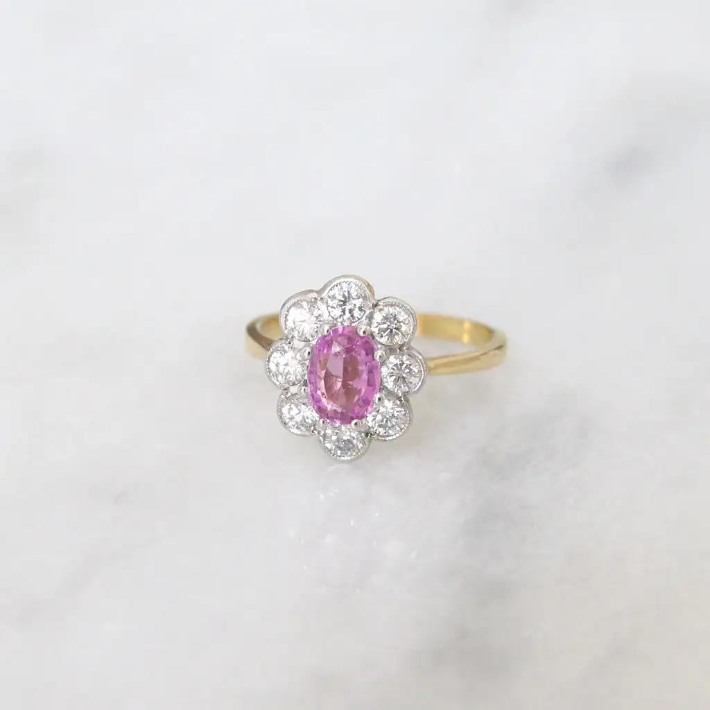 Vintage Style 1 Carat Pink Sapphire and Brilliant Cut Diamond Cluster