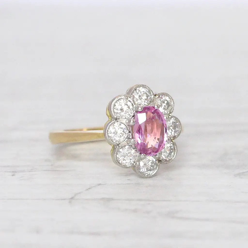 Vintage Style 1 Carat Pink Sapphire and Brilliant Cut Diamond Cluster