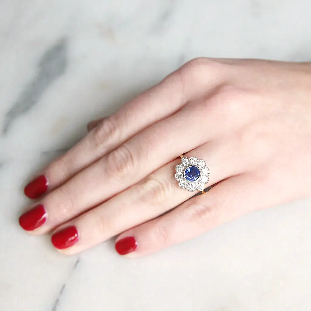 Vintage Style 1.10 Carat Sapphire and Old Cut Diamond Cluster