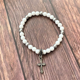 White Czech and Silver Cross Beaded Bracelet