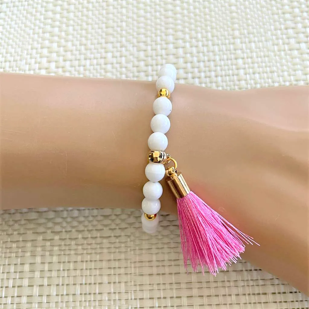 White Czech Glass Beaded Bracelet with Pink Tassel