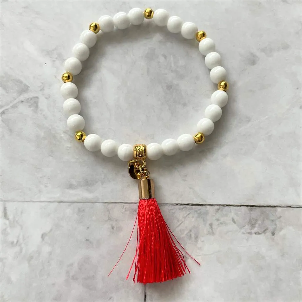 White Czech with Red Tassel and Gold Beaded Bracelet