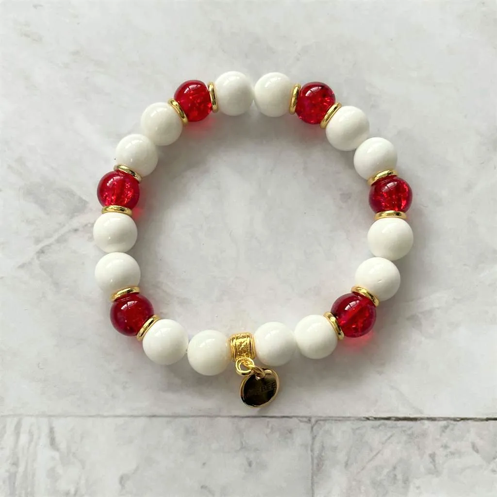 White Shell and Red Glass Gold Beaded Bracelet