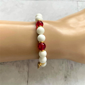 White Shell and Red Glass Gold Beaded Bracelet