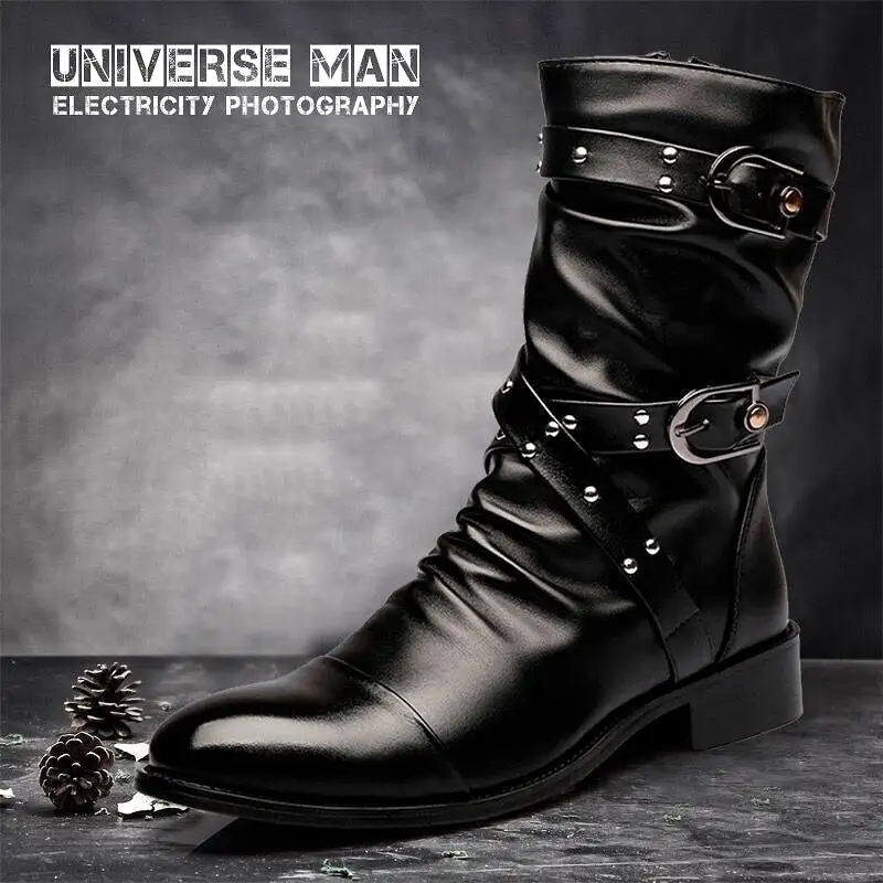 Winter Pointed Toe Men's Mid-calf Boots Buckle Strap Chelsea Boot for Men Leather Mens Motorcycle Boots High Top Man Winter Shoe