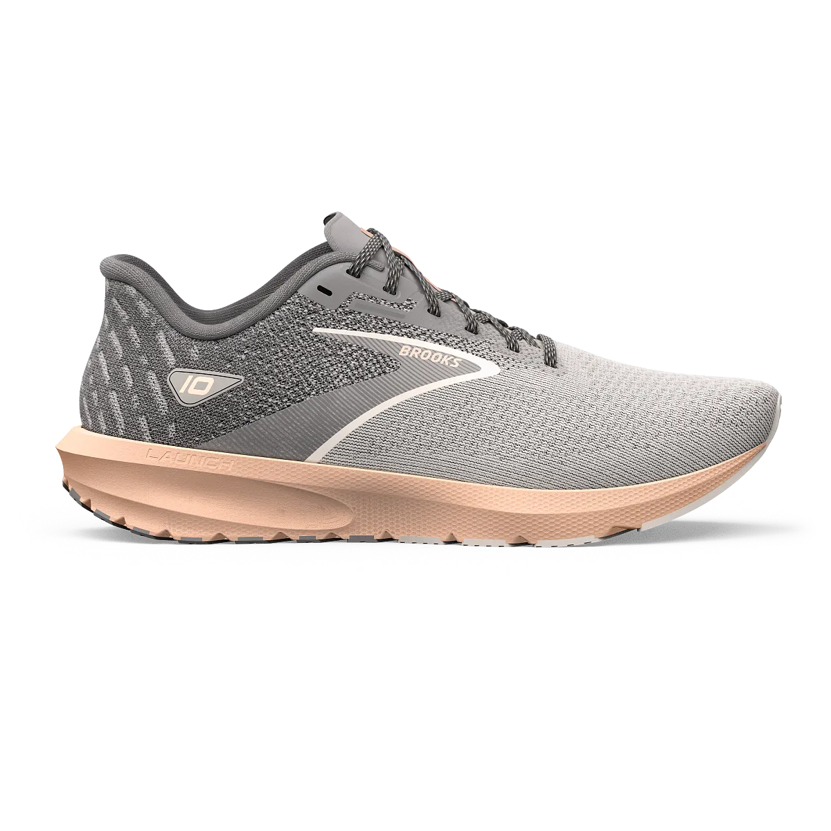 Women's Brooks Launch 10, Grey/Crystal Grey/Pale Peach, 9.5 B Medium