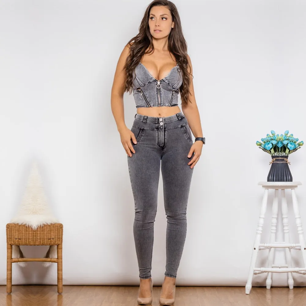 Women's Elegant Gray Denim Zipper Push-Up Top Middle Waist Jeans 2pc Set