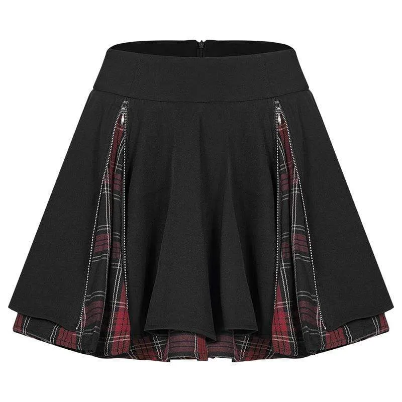 Women's Grunge Black Skirts Splicing Zips Plaid Skirts