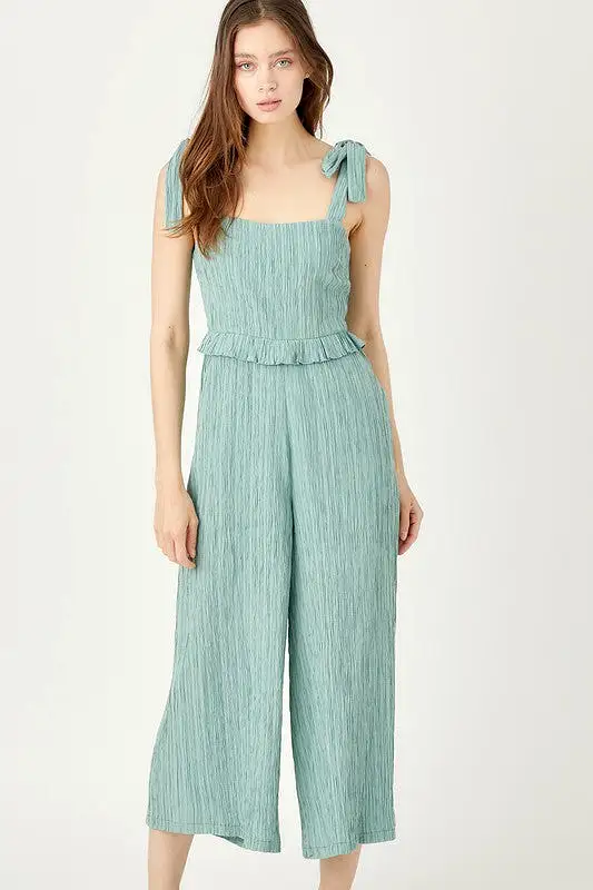 WRINKLE TEXTURE WIDE LEG RUFFLE JUMPSUIT - DUSTY TURQUOISE